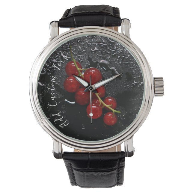 Pulsera Reloj con fondo negro del patrón de Berry rojo (Anverso)