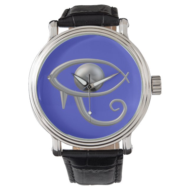 Pulsera Reloj con Ojo de Ra plateado sobre azul (Anverso)