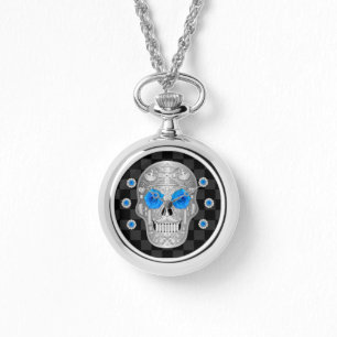 Pulsera Reloj cromado de Calavera (Rosa azul)