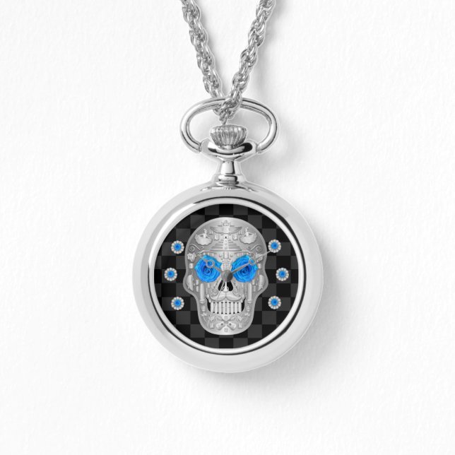Pulsera Reloj cromado de Calavera (Rosa azul) (Anverso)