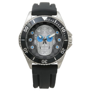 Pulsera Reloj cromado de Calavera (Rosa azul)