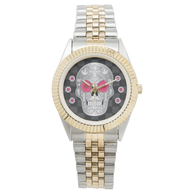 Pulsera Reloj cromado de Calavera (rosa rosado) (Anverso)