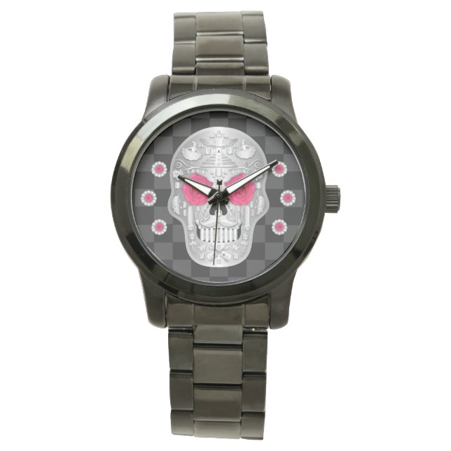 Pulsera Reloj cromado de Calavera (rosa rosado) (Anverso)
