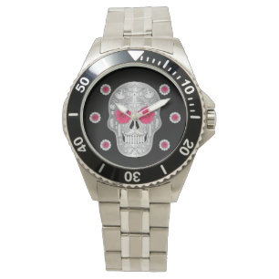 Pulsera Reloj cromado de Calavera (rosa rosado)