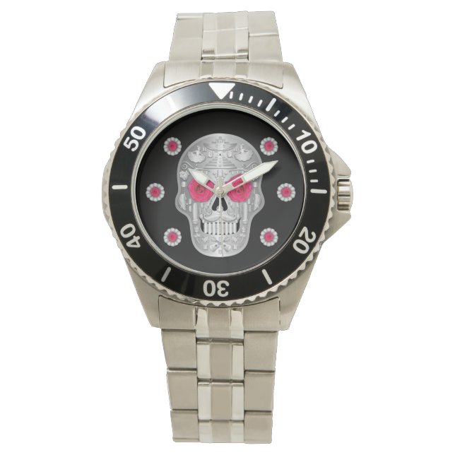Pulsera Reloj cromado de Calavera (rosa rosado) (Anverso)