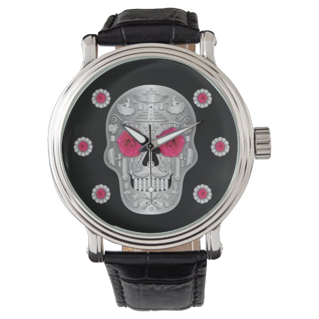 Pulsera Reloj cromado de Calavera (rosa rosado) (Anverso)