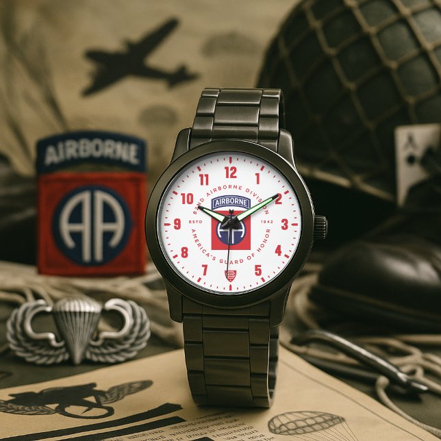 Pulsera Reloj de acero inoxidable en tributo a la 82ª Divi (82nd Airborne Division "America's Guard of Honor" Veteran Tribute Black Stainless Steel Watch)