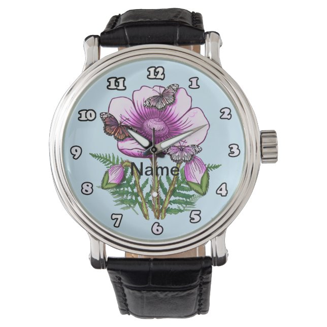 Pulsera Reloj de amapola rosa mariposa (Anverso)