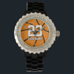 Pulsera Reloj de baloncesto con número y nombre personaliz<br><div class="desc">Reloj de baloncesto con número y nombre personalizados. Relojes de pulsera personalizados para entrenadores,  aficionados y jugadores de baloncesto. Idea de regalo de cumpleaños personalizable para hombres y mujeres. Diseño deportivo con baloncesto naranja.</div>