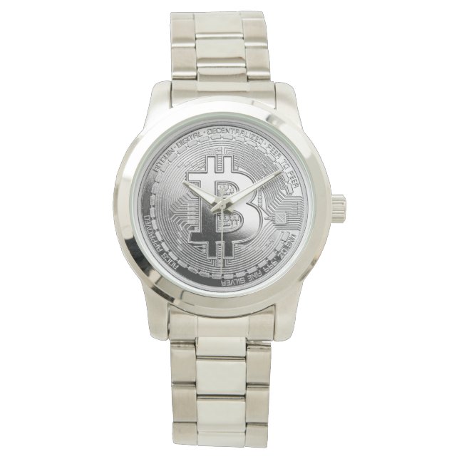 Pulsera reloj de bitcoin plateado (Anverso)