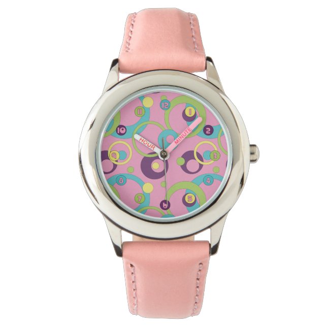 Pulsera Reloj de Círculos Rosados Funky (Anverso)