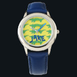 Pulsera Reloj de cocodrilos de gator personalizado<br><div class="desc">Watch presenta un ilustracion de marcadores original de un cogador verde y amarillo. ¡Simplemente personaliza con el nombre del destinatario!</div>