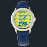 Pulsera Reloj de cocodrilos de gator personalizado<br><div class="desc">Watch presenta un ilustracion de marcadores original de un cogador verde y amarillo. ¡Simplemente personaliza con el nombre del destinatario!</div>