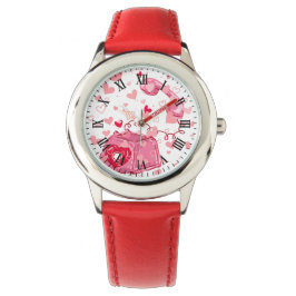 Pulsera Reloj de corazón de amor vintage de cuero rojo del