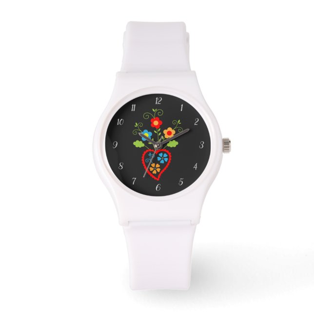 Pulsera Reloj de corazón floreciendo portugués folclórico (Anverso)