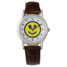 Reloj de correa de cuero marrón de la cara feliz d