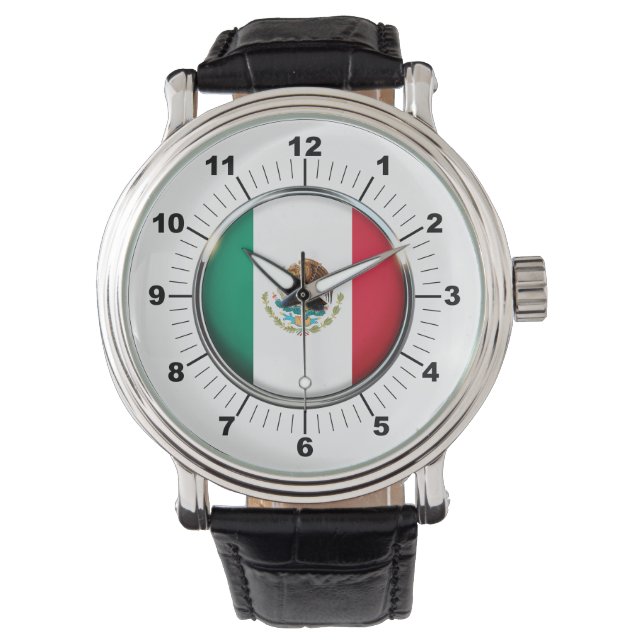 Pulsera Reloj de correa de cuero negro con bandera de Méxi (Anverso)