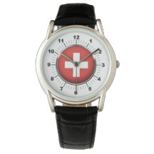 Reloj de correa de cuero negro con bandera de Suiz
