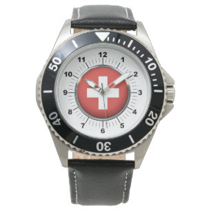Pulsera Reloj de correa de cuero negro con bandera de Suiz