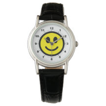 Reloj de correa de cuero negro de cara feliz de la