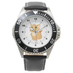Pulsera Reloj de correa de cuero negro para gato lindo de 