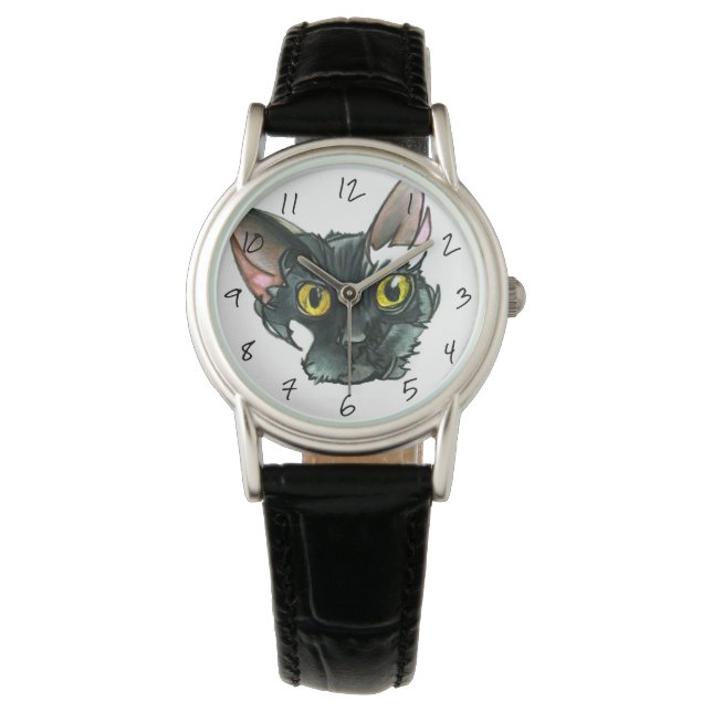 Pulsera Reloj de correa de cuero negro para gato negro de  (Anverso)