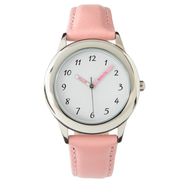 Pulsera Reloj de correa de cuero rosado de acero inoxidabl (Anverso)