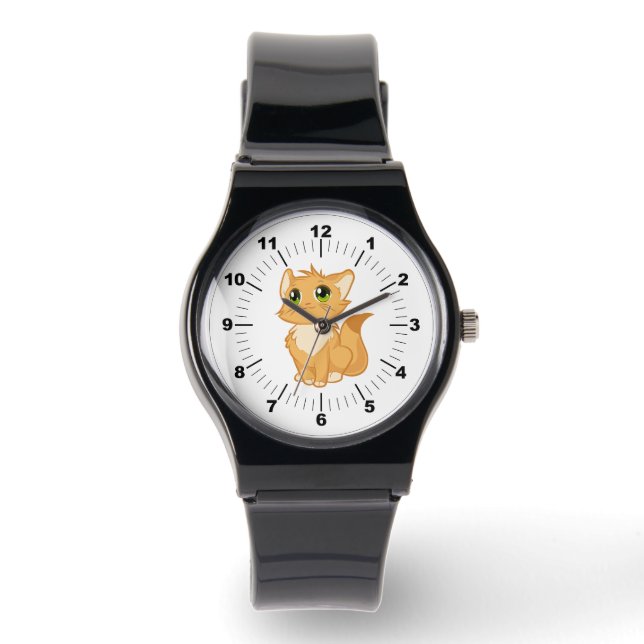 Pulsera Reloj de correa negra - Gato lindo (Anverso)