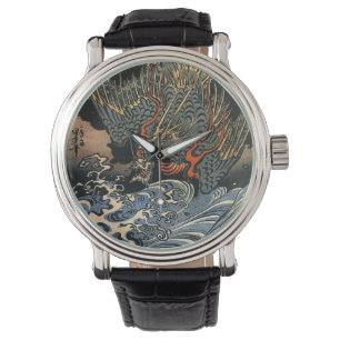 Pulsera Reloj de cuero de dragón de arte japonés Ukiyo-e