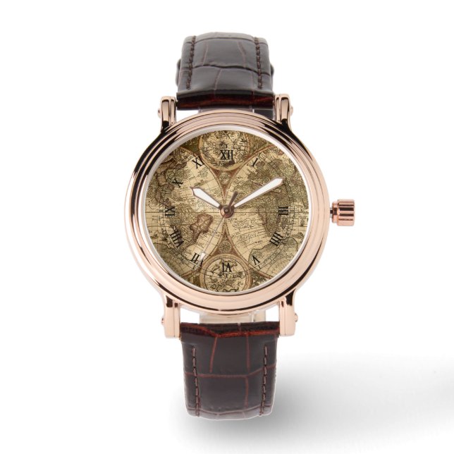 Pulsera reloj de cuero del mapa del mundo antiguo (Anverso)