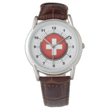 Reloj de cuero marrón clásico con bandera de Suiza