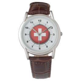 Pulsera Reloj de cuero marrón clásico con bandera de Suiza