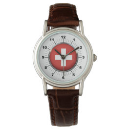 Pulsera Reloj de cuero marrón de la bandera de Suiza de la