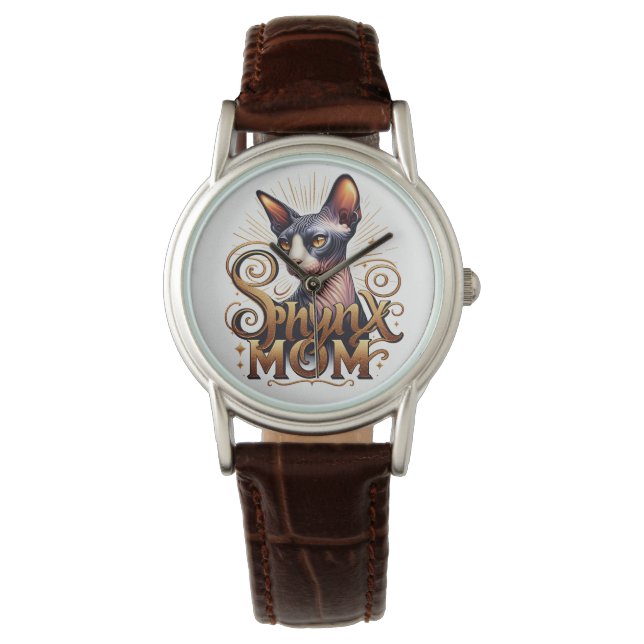 Pulsera Reloj de cuero marrón | Sphynx Cat Mom (Anverso)