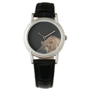Pulsera Reloj de cuero negro clásico con el oso grizzly