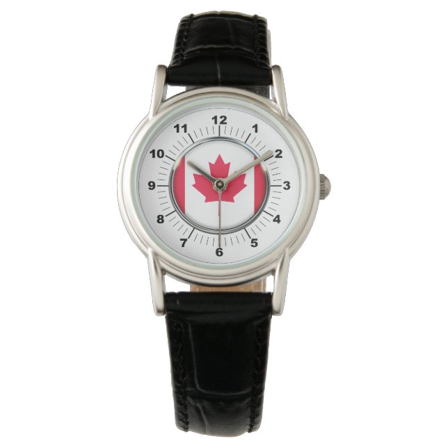Pulsera reloj de cuero negro con bandera de Canadá para mu (Anverso)
