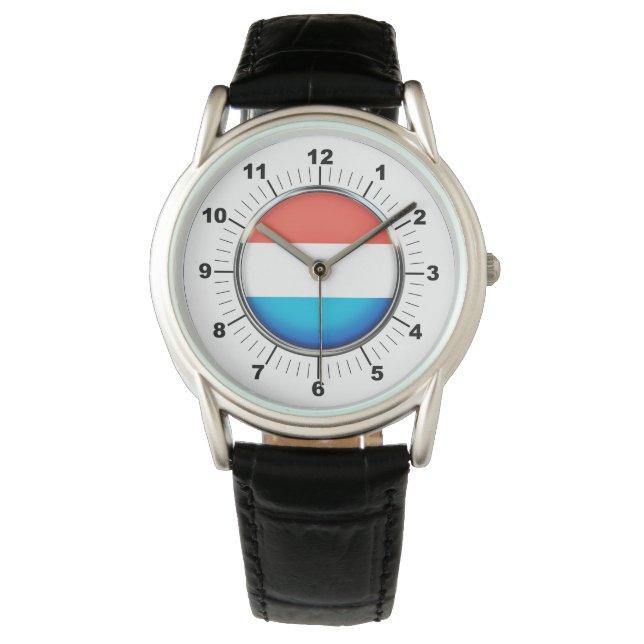 Pulsera Reloj de cuero negro con bandera de Luxemburgo mas (Anverso)