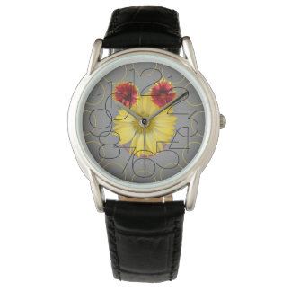 Pulsera Reloj de cuero negro con cara de flor