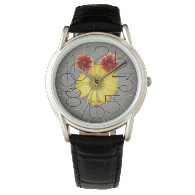 Pulsera Reloj de cuero negro con cara de flor (Anverso)