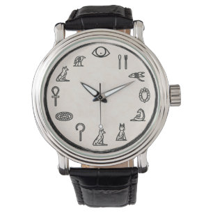 Pulsera Reloj de cuero negro con jeroglíficos egipcios ant