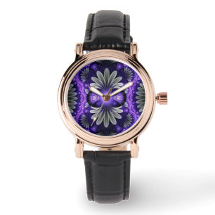 Pulsera Reloj de cuero negro cuadrado con cara fractal púr
