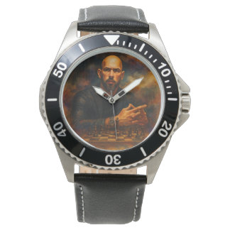 Pulsera Reloj de cuero negro de acero inoxidable Andrew Ta