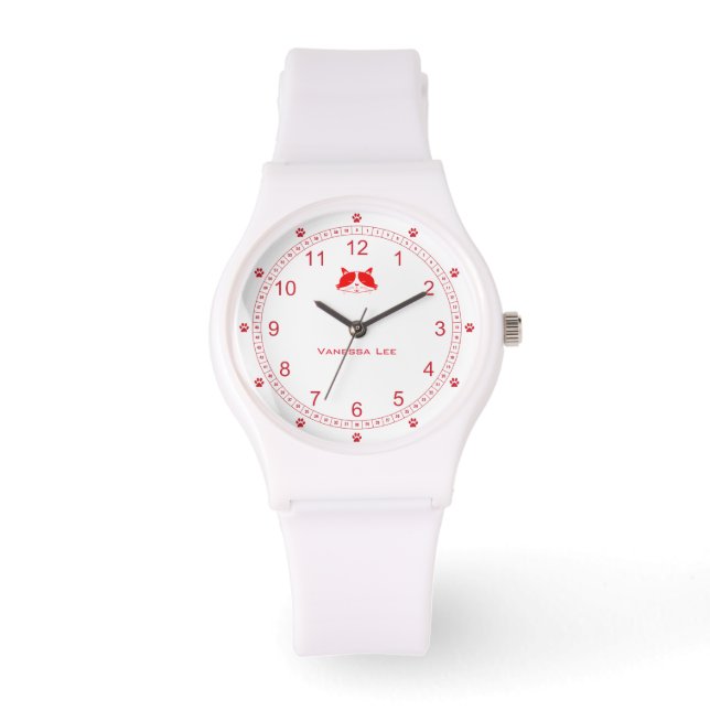 Pulsera Reloj de dama de gato personalizable en rojo (Anverso)