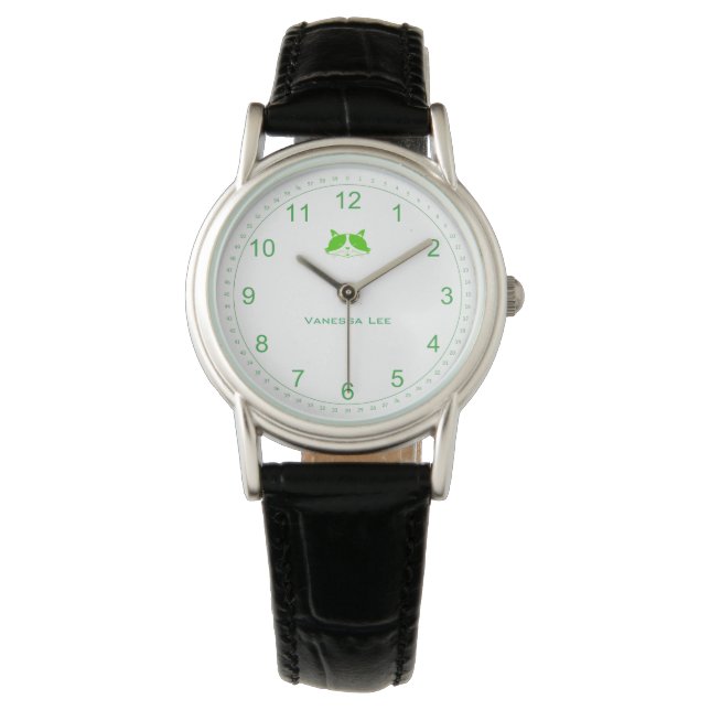 Pulsera Reloj de dama de gato personalizable en verde (Anverso)