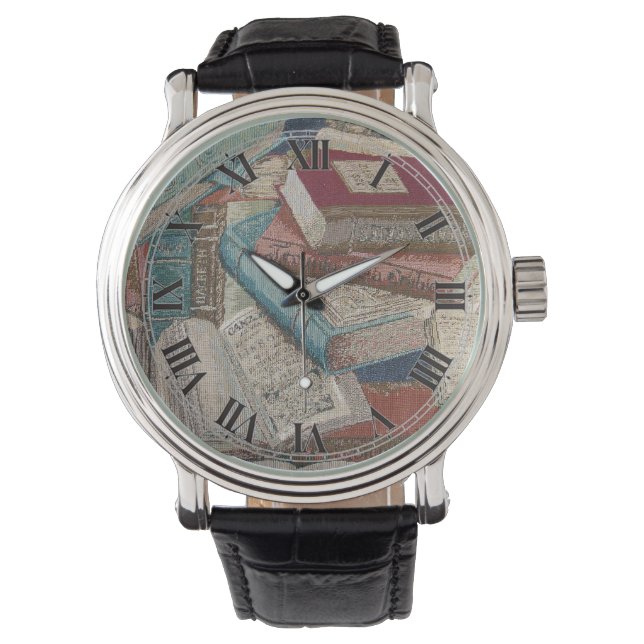 Pulsera Reloj de escritura de fondo de libros antiguos (Anverso)