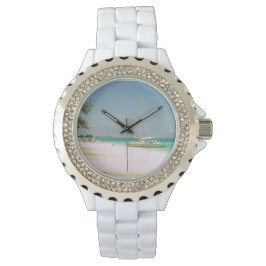 Pulsera Reloj de esmalte blanco con diseño de playa