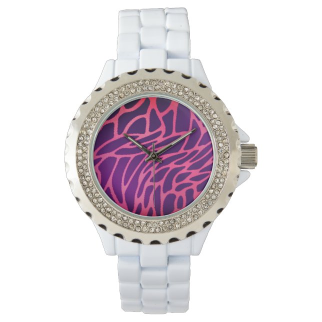 Pulsera Reloj de esmalte blanco con estrás rosa (Anverso)