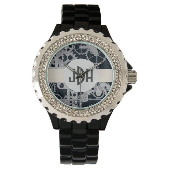 Pulsera Reloj de esmalte negro enganchado con monograma pe (Anverso)