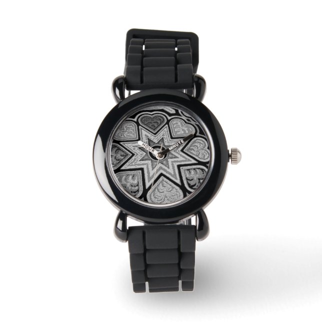 Pulsera Reloj de Estrellas y Corazones de Plata y Negro (Anverso)