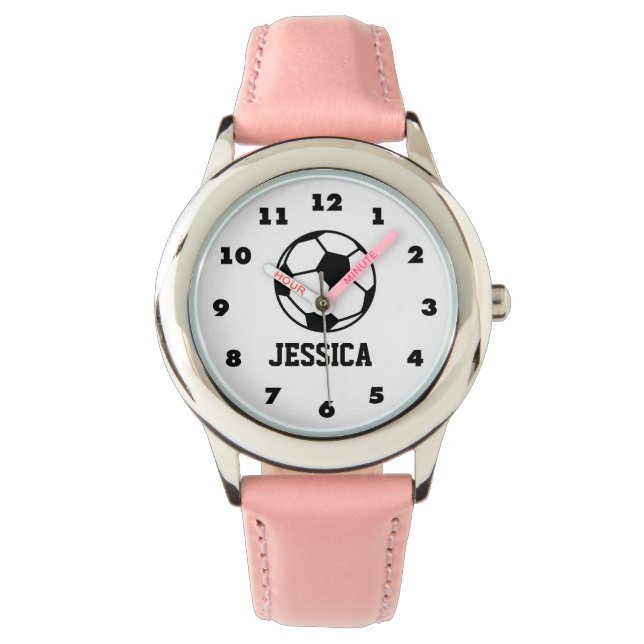 Pulsera Reloj de fútbol rosa personalizado para chicas (Anverso)
